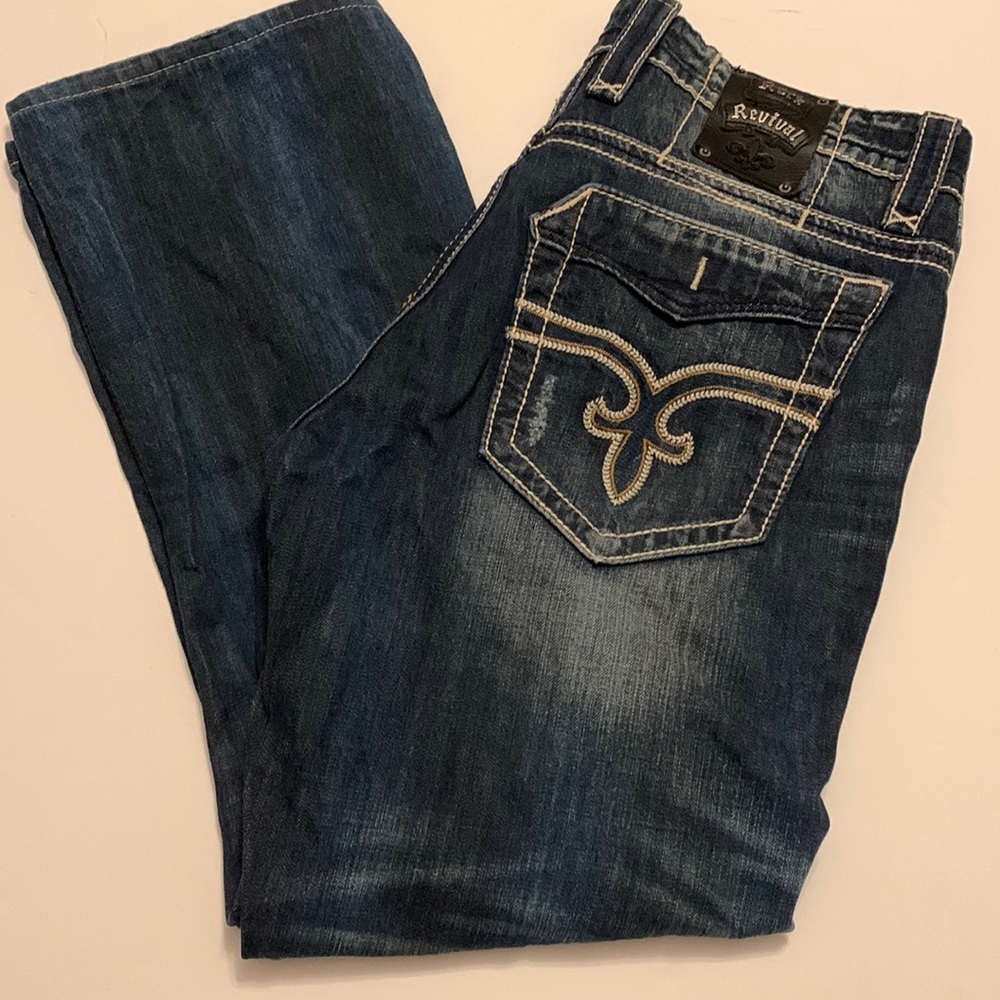 ROCK REVIVAL Men's Helmut Straight Leg Vintage Jeans Fleur Embroidery Big Stitch